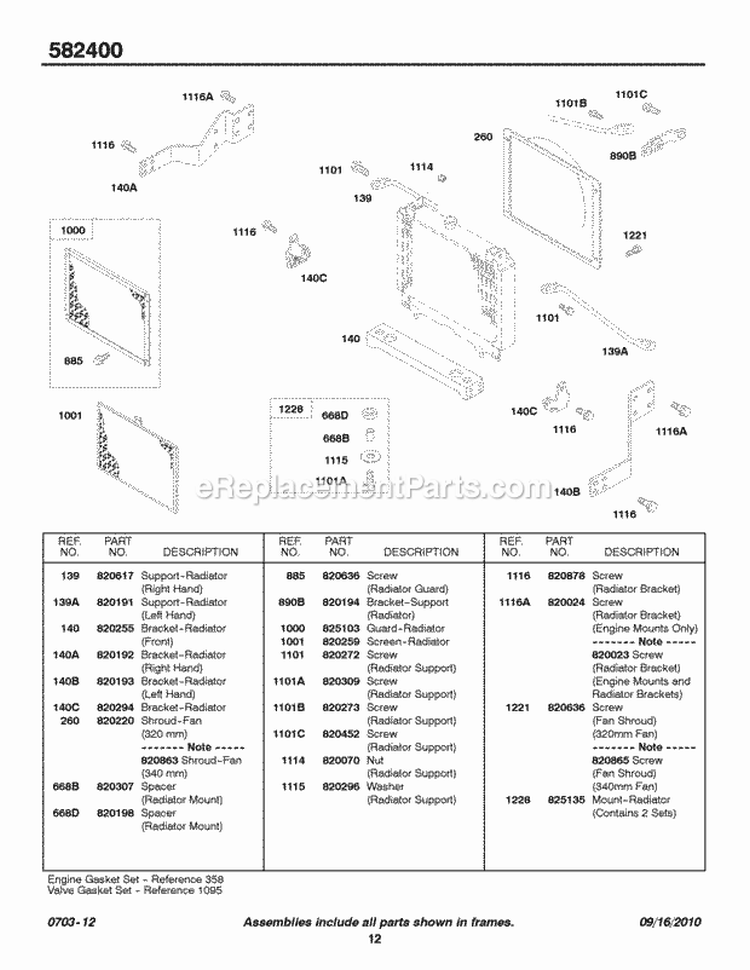 Radiator Brackets Radiator Screen Diagram and Parts List for 582447-0476-E2  Briggs and Stratton Engine